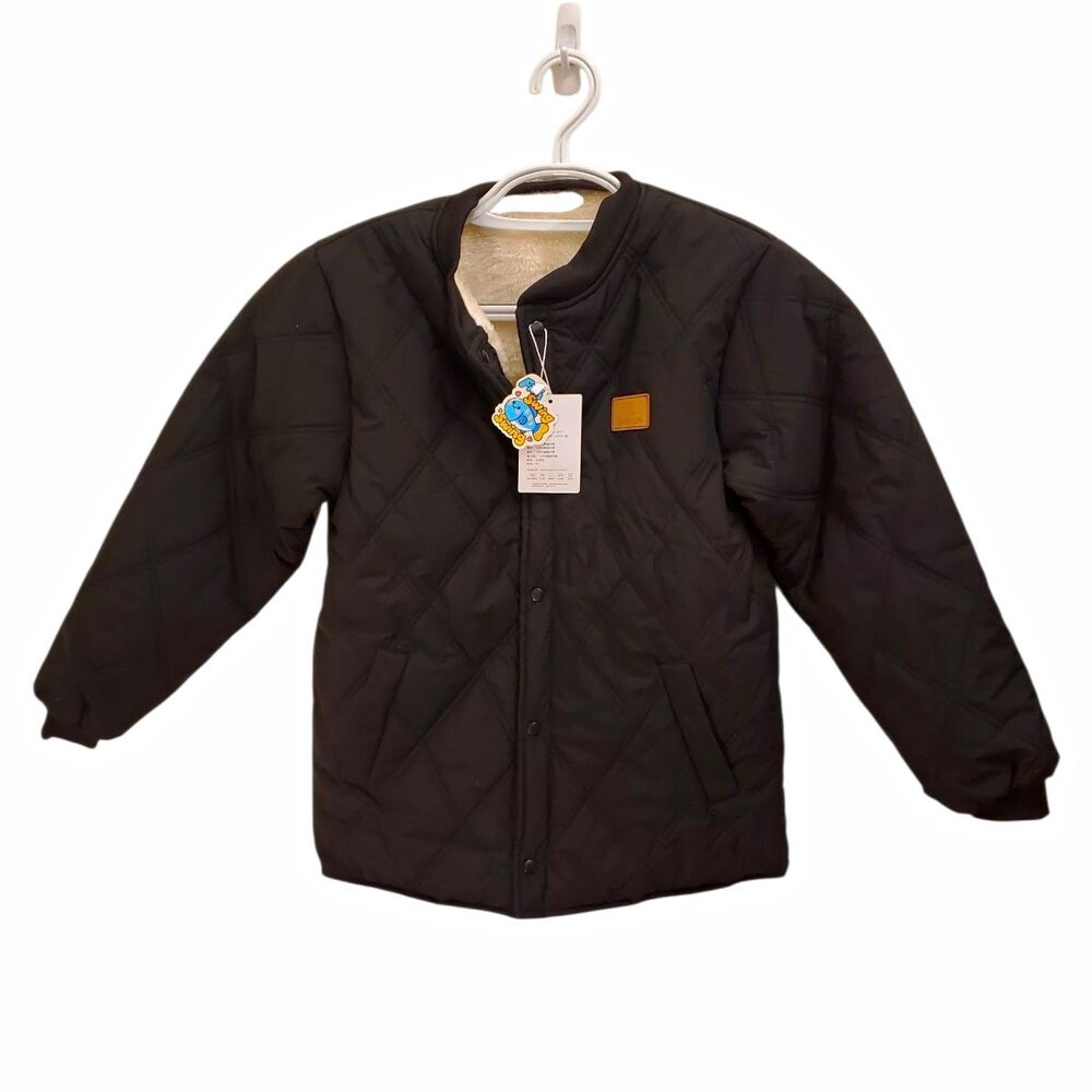 Boys Black Quilted Jacket Snap Front Fleece Lined Pockets Size 13-14 Winter
